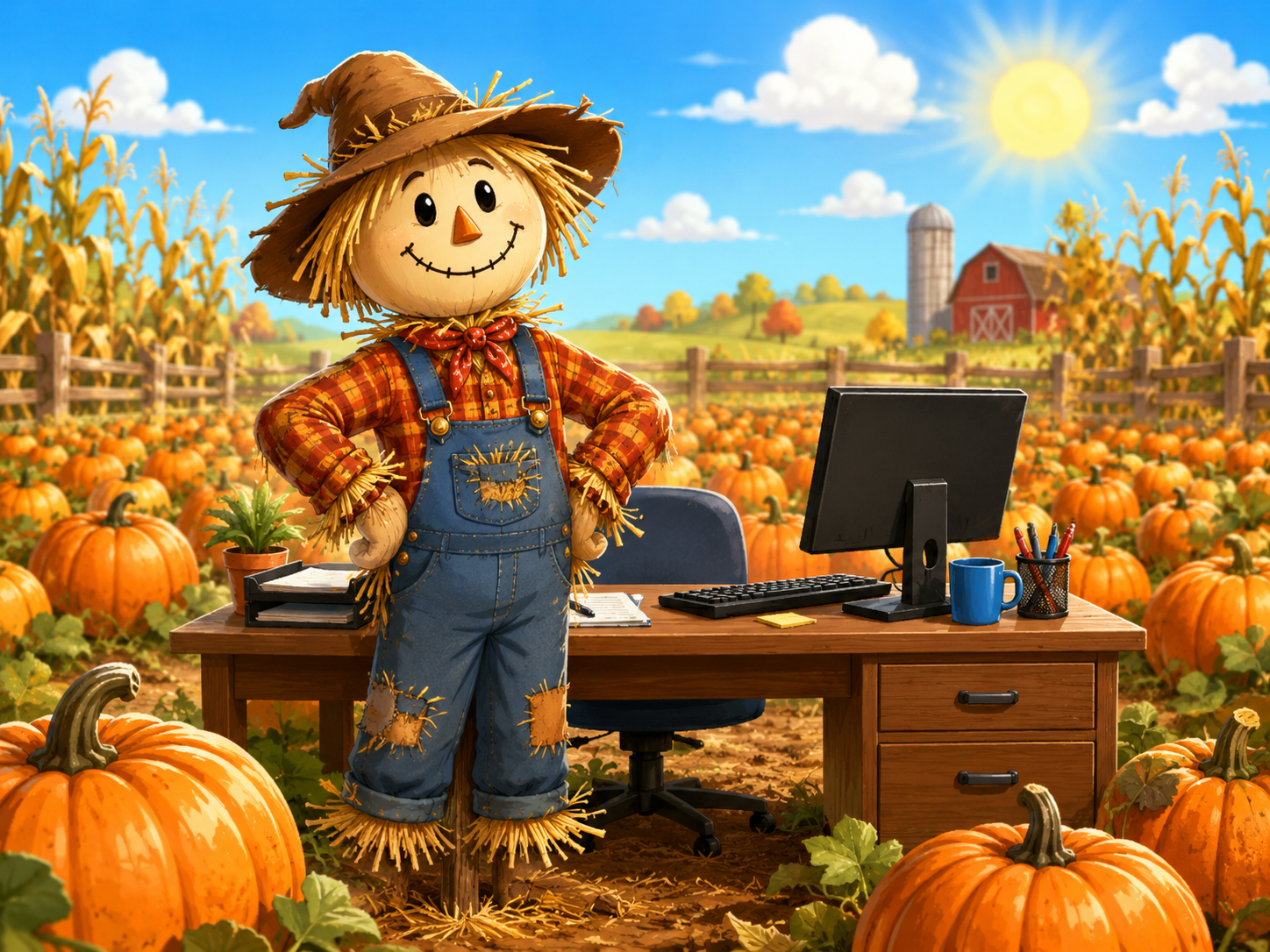 A friendly scarecrow standing proudly at an office desk in the middle of a pumpkin field, with a barn in the distance — captioned as Employee of the Month
